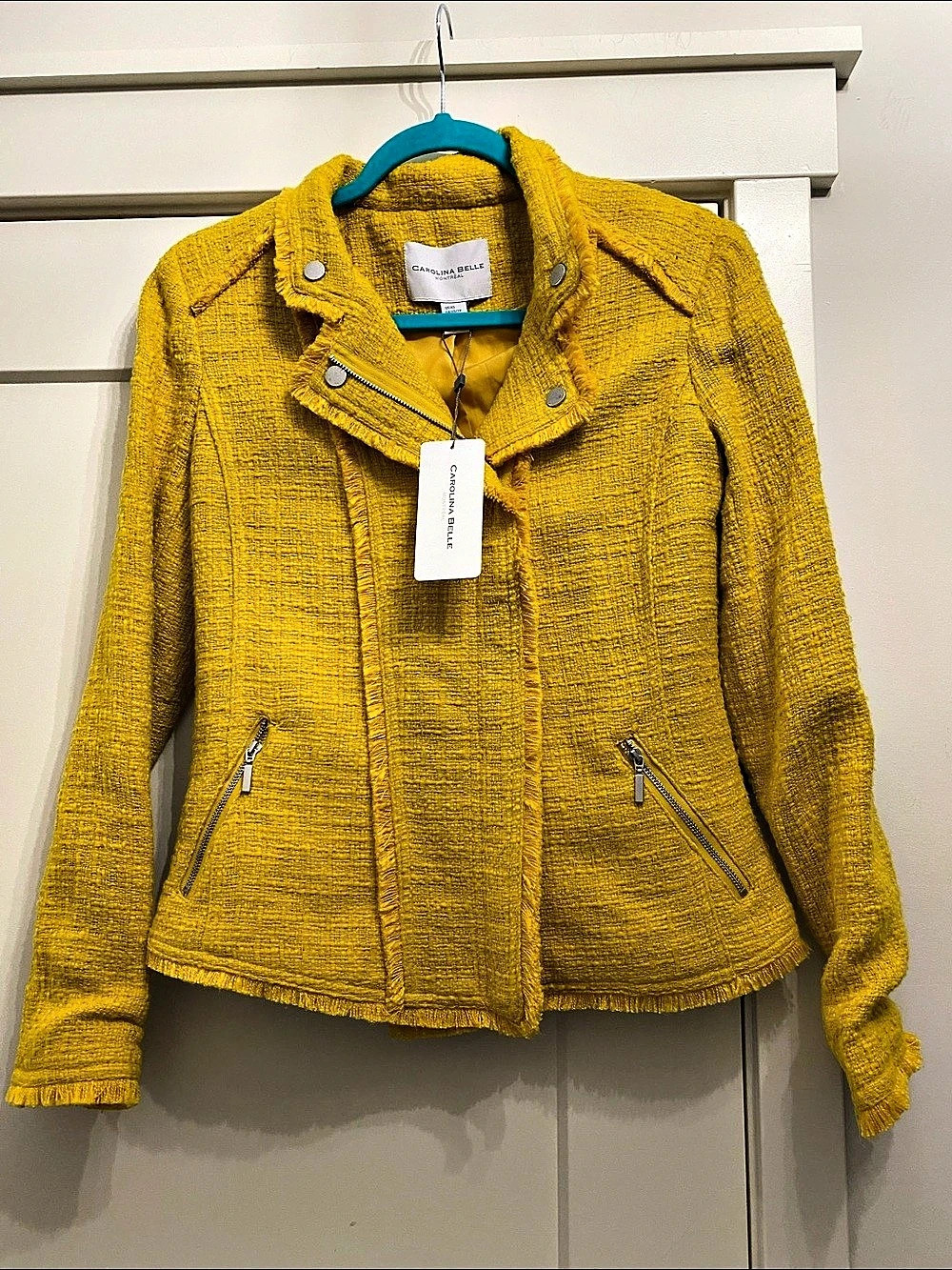 Carolina Belle Tweed Moto Jacket in Yellow XS NWT